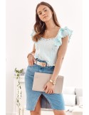 Short blouse with ruffles and guipure, light blue 517 - Online store - Boutique